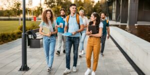 A group of smiling students walking outdoors on a college campus, carrying books and backpacks, enjoying a sunny day.